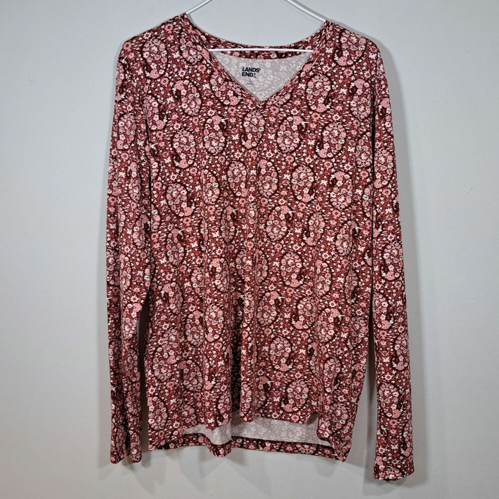 Lands' End Long Sleeve Floral Paisley 100% Cotton V Neck Shirt Women's L 14-16